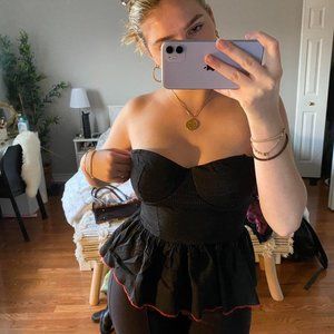 Pinstripe corset top with red lining on the bottom